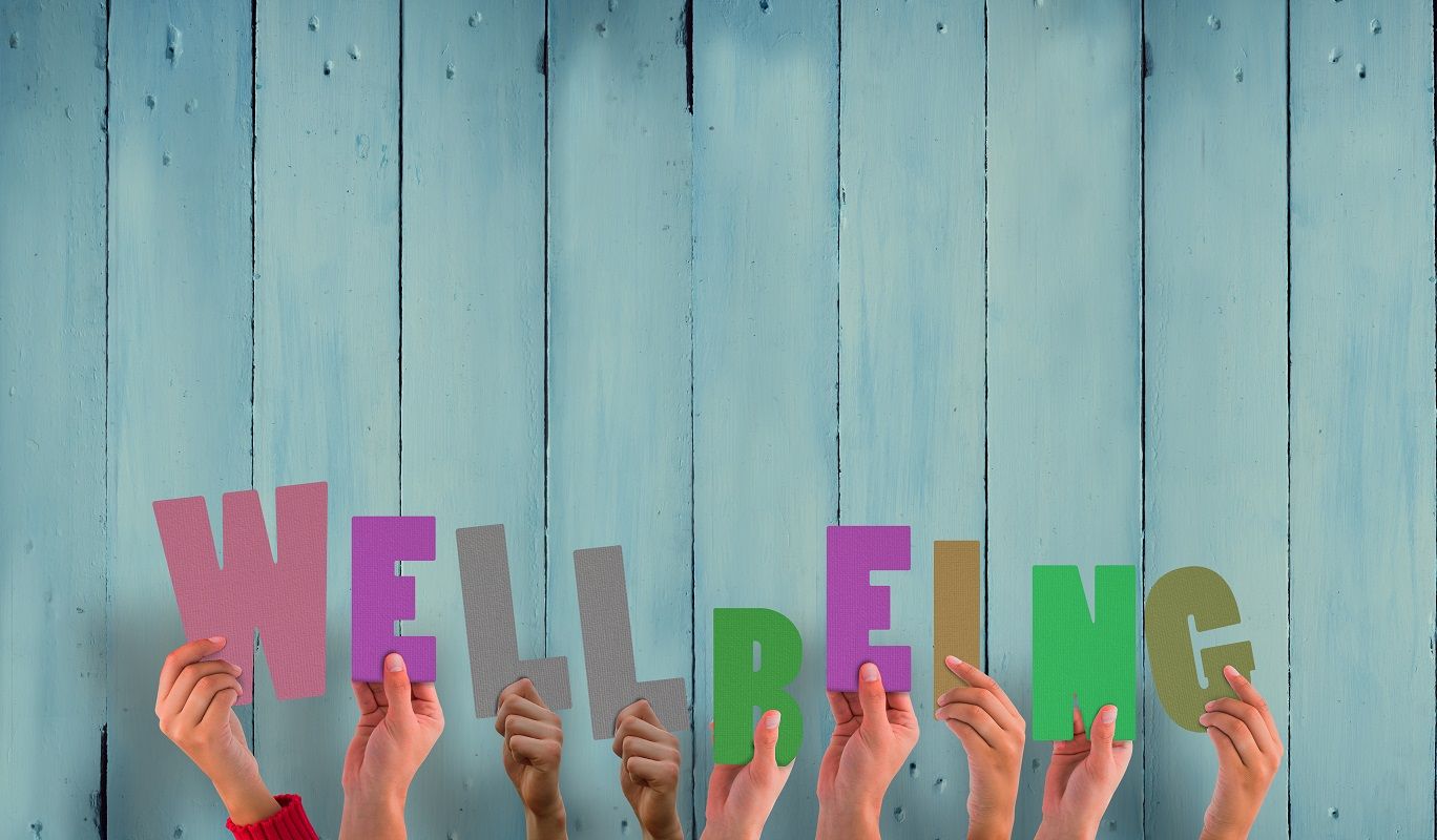 Hands holding up well being against wooden planks
