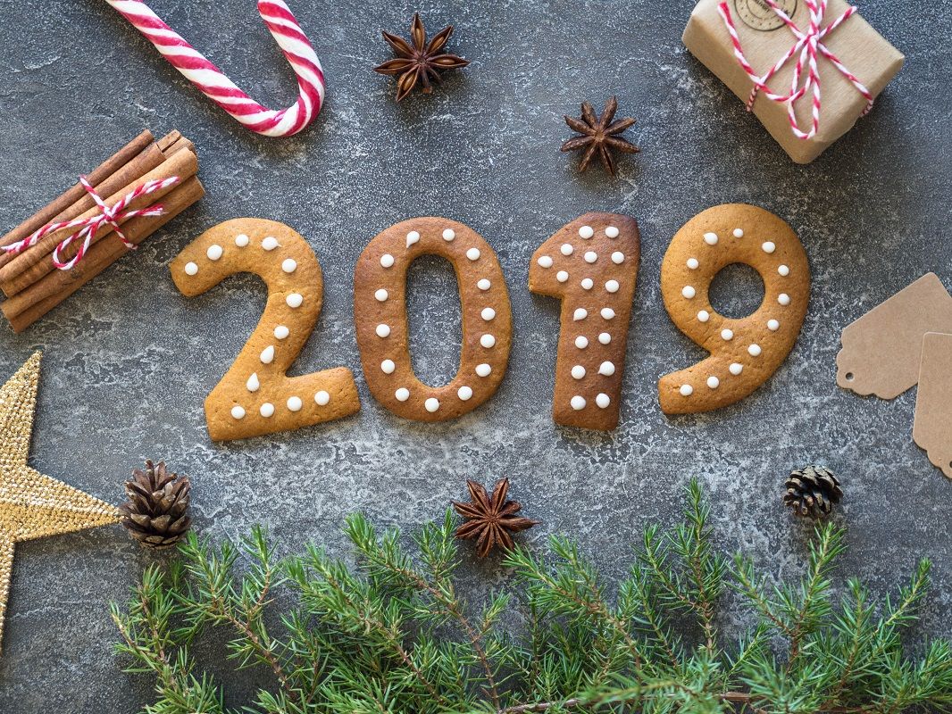 Ginger Christmas or New Year cookies in the form of numbers 2019 on a dark background .Seasonal packaging and New Year’s attributes. Top view