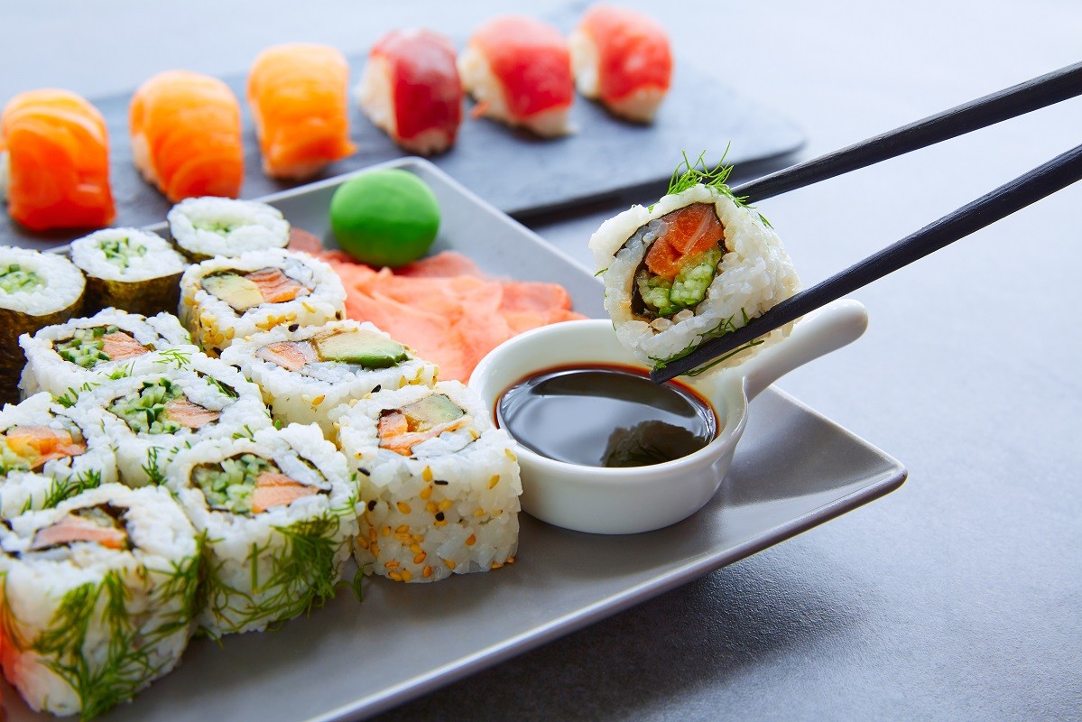Sushi Maki and Niguiri soy sauce and wasabi