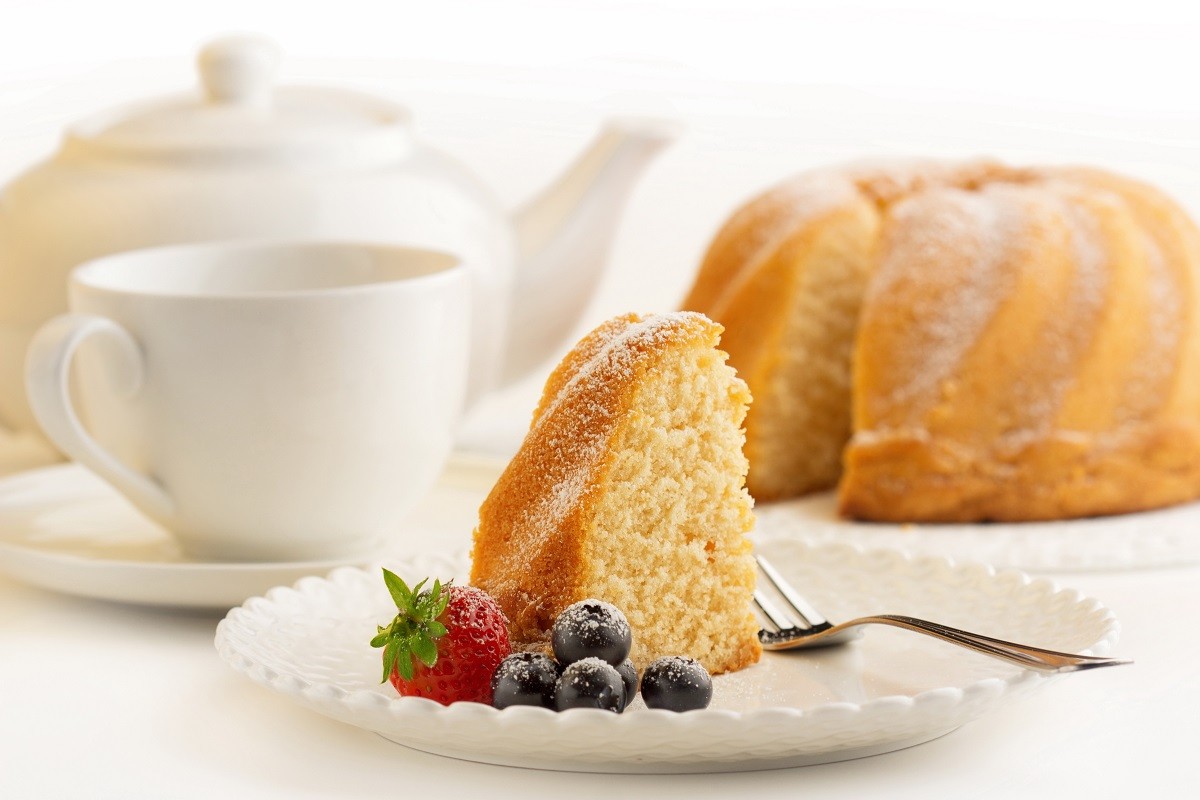 slice of cake with afternoon tea