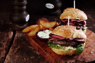 Steak Burgers on Tray with Potato and Dip