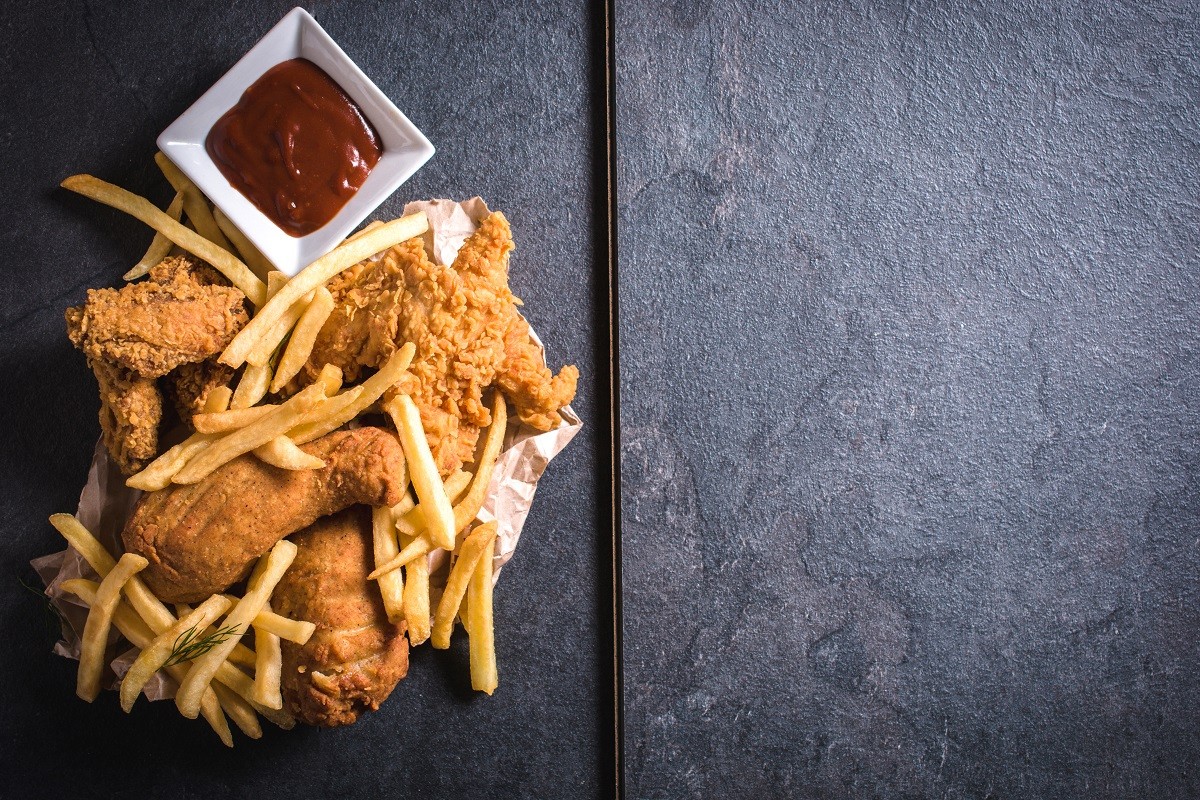 Chicken meat and french fries