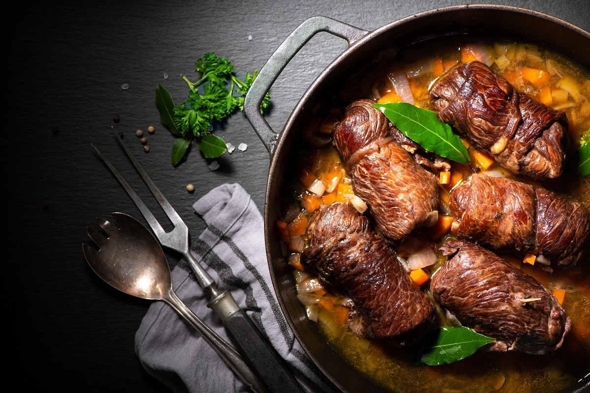 Traditional german meal of beef roulades in roast pot