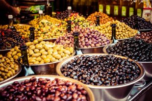 Assortment of olives on market,Tel Aviv,Israel