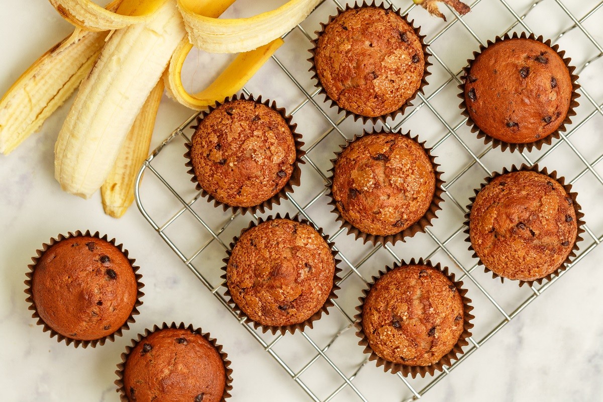 Homemade banana muffins with chocolate chips and salted caramel
