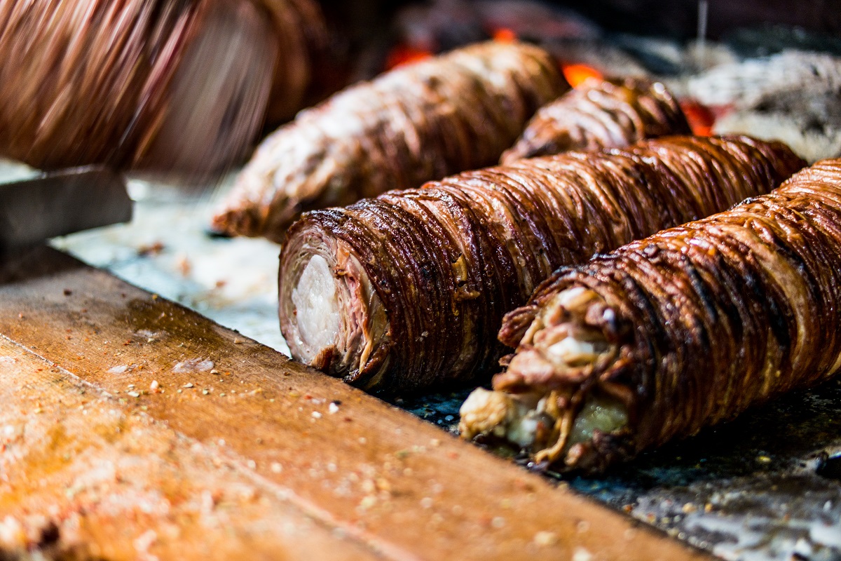 Turkish Street Food Kokorec made with sheep bowel cooked in wood