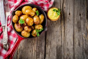Baked,In,Frying,Pan,Whole,Young,Potatoes,,Homemade,Vegetarian,Food,