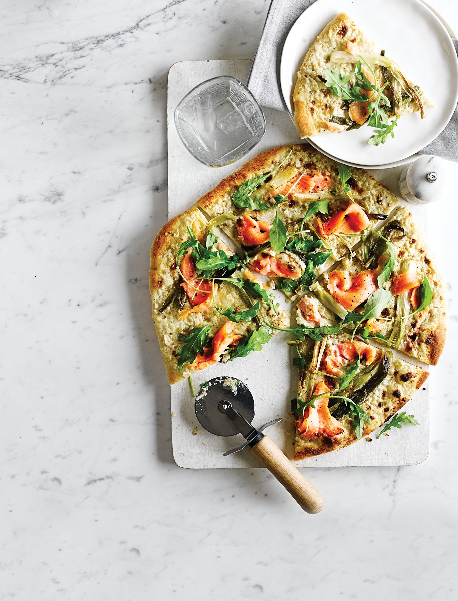 Pizza bianco with smoked salmon and spring onions
