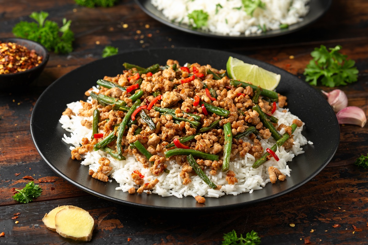 Pork,Stir,Fry,With,Green,Beans,,Rice,,Garlic,,Chili,And