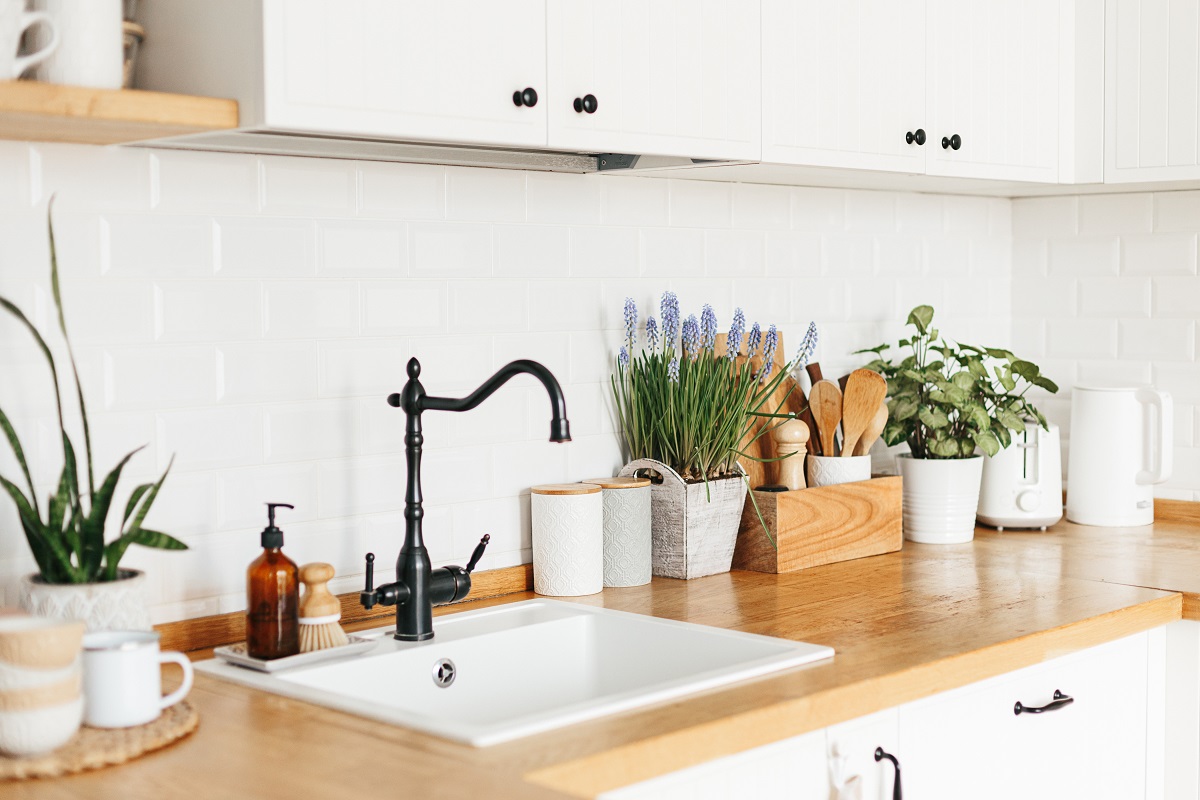 Blue,Muscari,Flower,On,White,Modern,Kitchen,Scandinavian,Style.,Spring