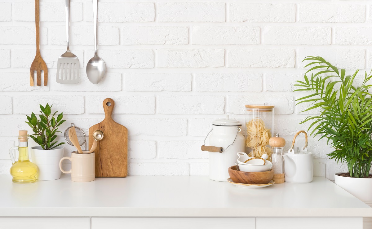 Kitchen,Utensils,,Cooking,Ingredients,And,Kitchenware,On,White,Counter,Table