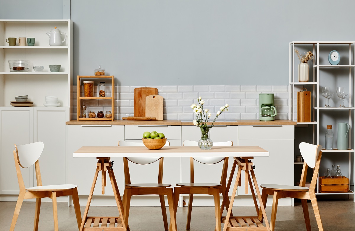 Minimal,Kitchen,Interior,In,White,Color,With,Wooden,Accents,And