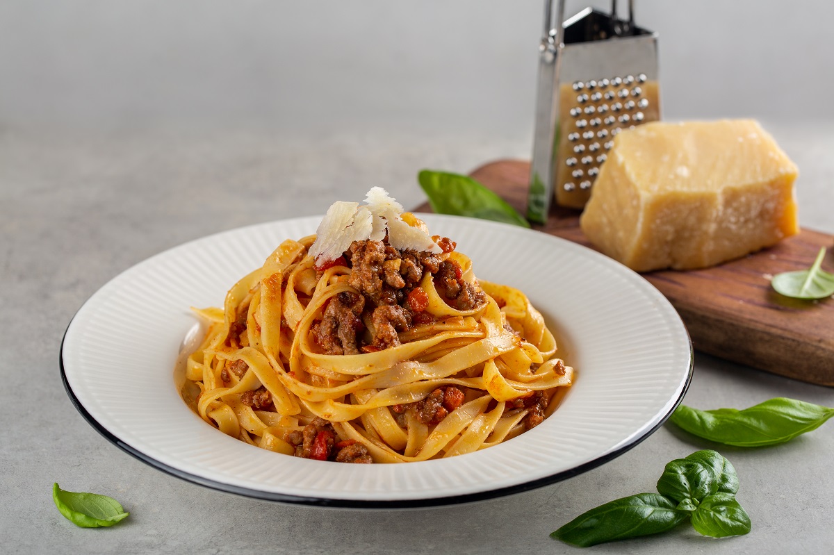 Italian,Dinner.,Egg,Pasta,Tagliatelle,With,Bolognese,Sauce,Made,From