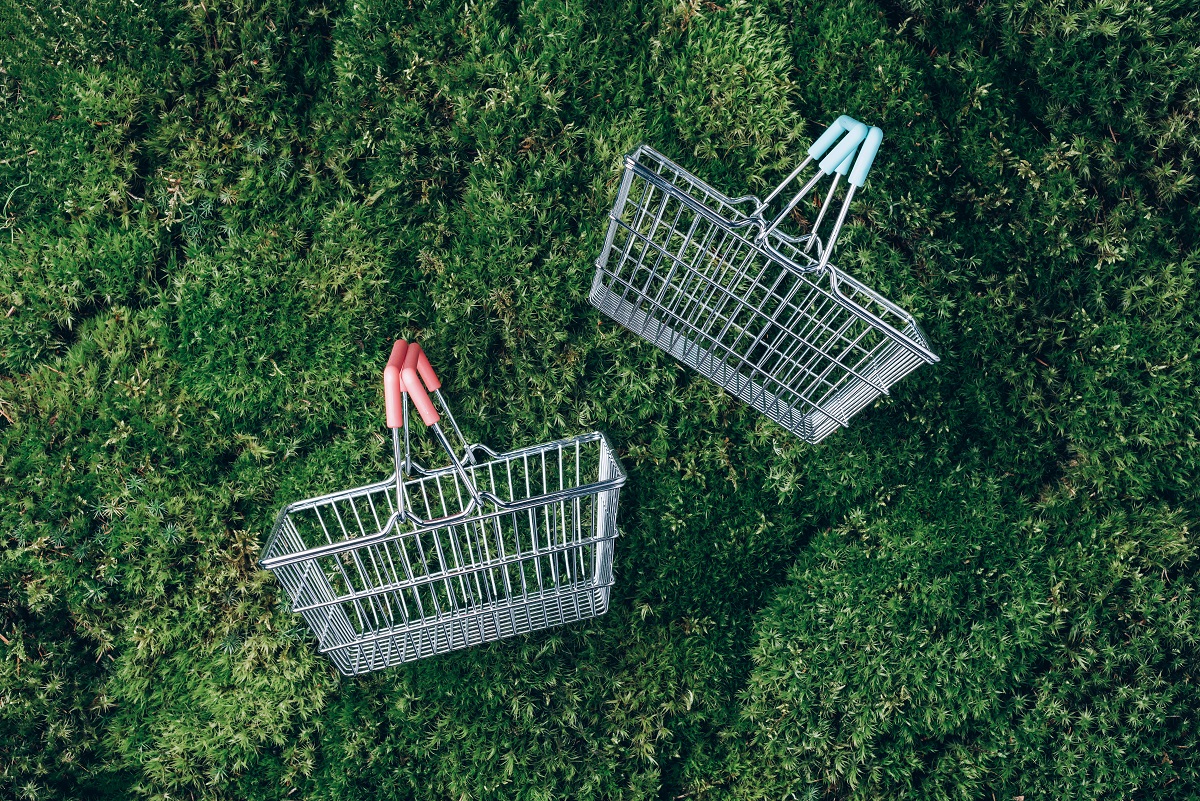 Sustainable,Lifestyle.,Top,View,Of,Supermarket,Shopping,Basket,On,Green