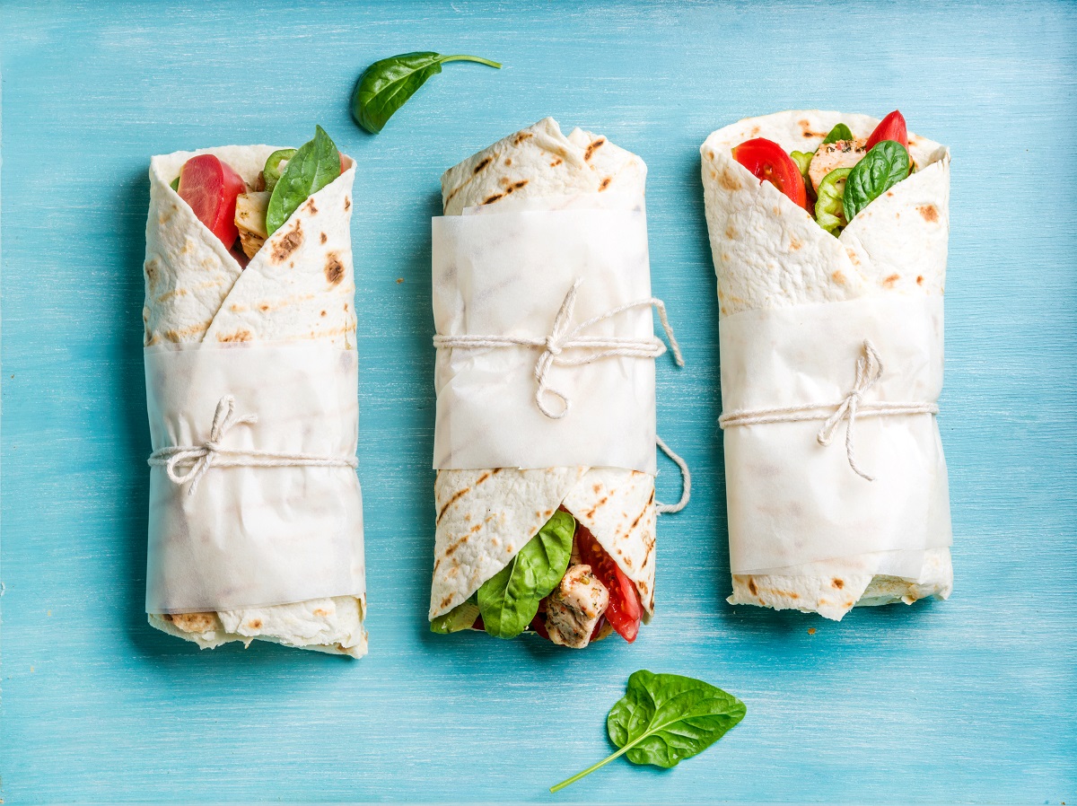 Healthy,Lunch,Snack.,Tortilla,Wraps,With,Grilled,Chicken,Fillet,And