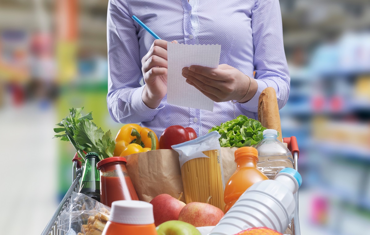 Woman,Checking,A,Shopping,List,And,Buying,Goods,At,The