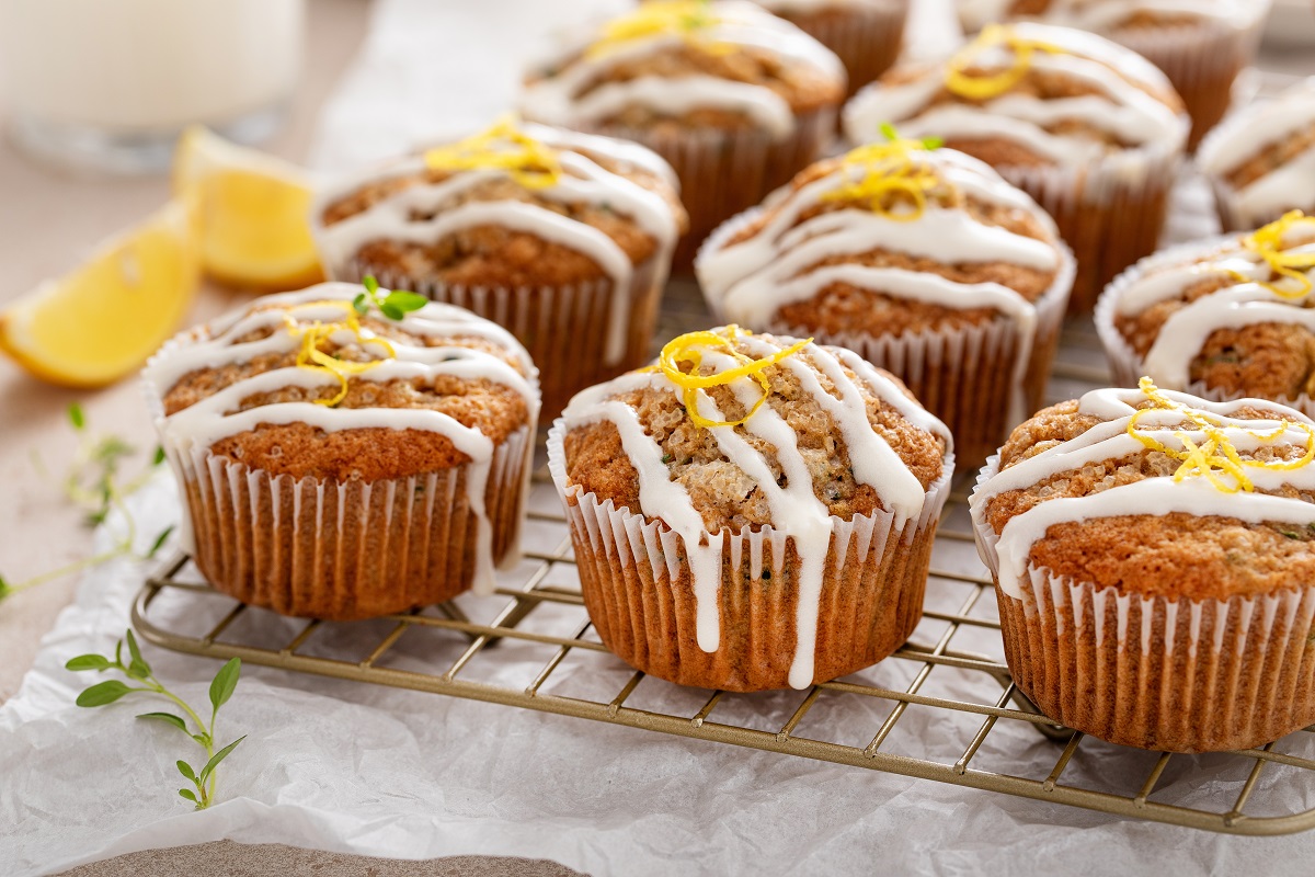 Lemon,Zucchini,Muffins,With,Thyme,And,Drizzled,With,Cream,Cheese