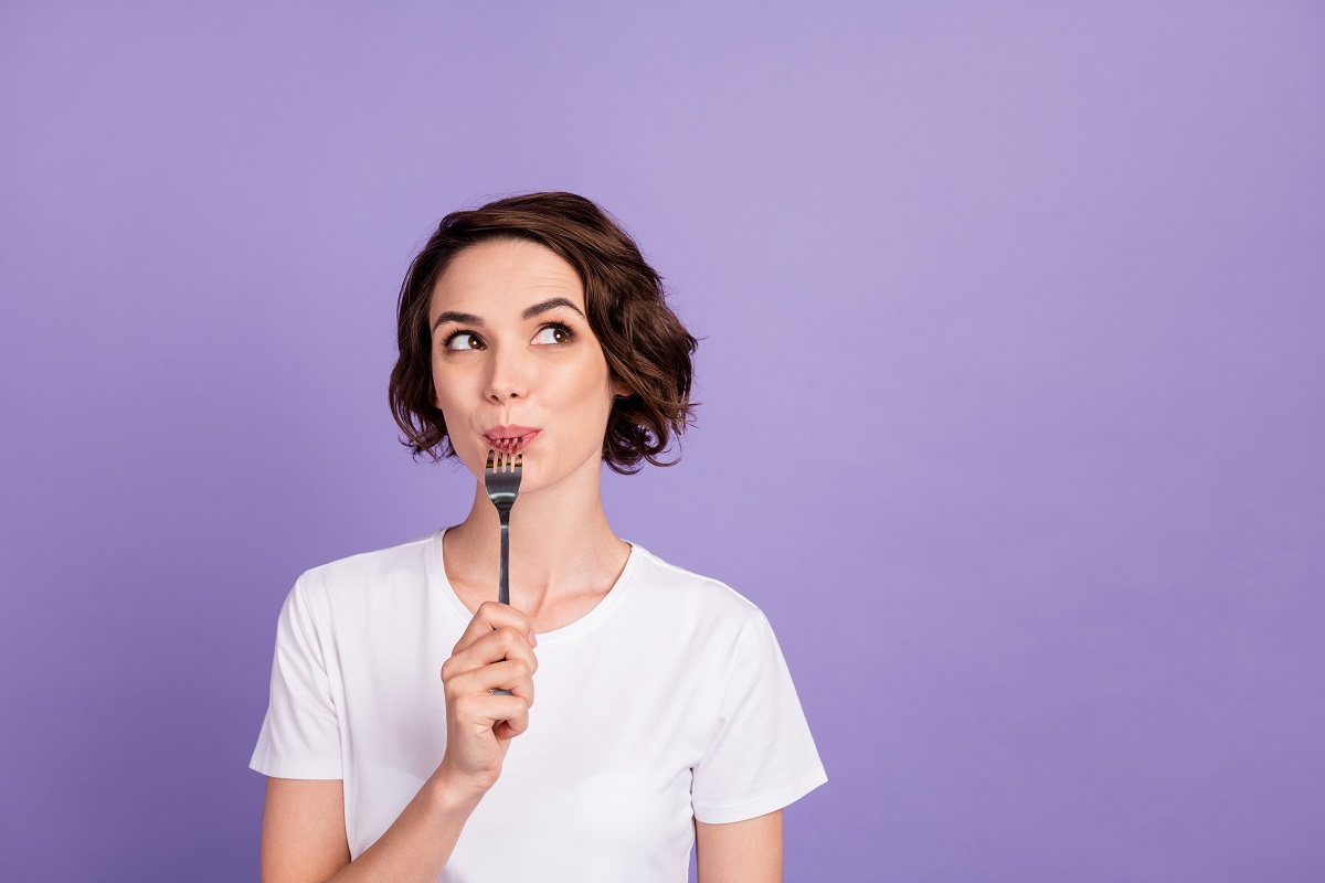 Portrait,Photo,Of,Dreamy,Girl,Licking,Fork,Thinking,About,Diet