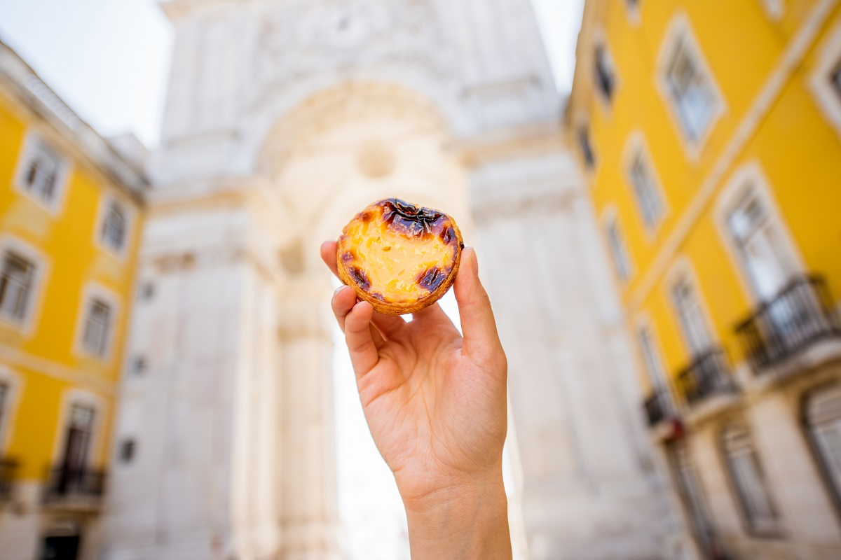 Holding,Portuguese,Egg,Tart,Pastry,Called,Pastel,De,Nata,Outdoors