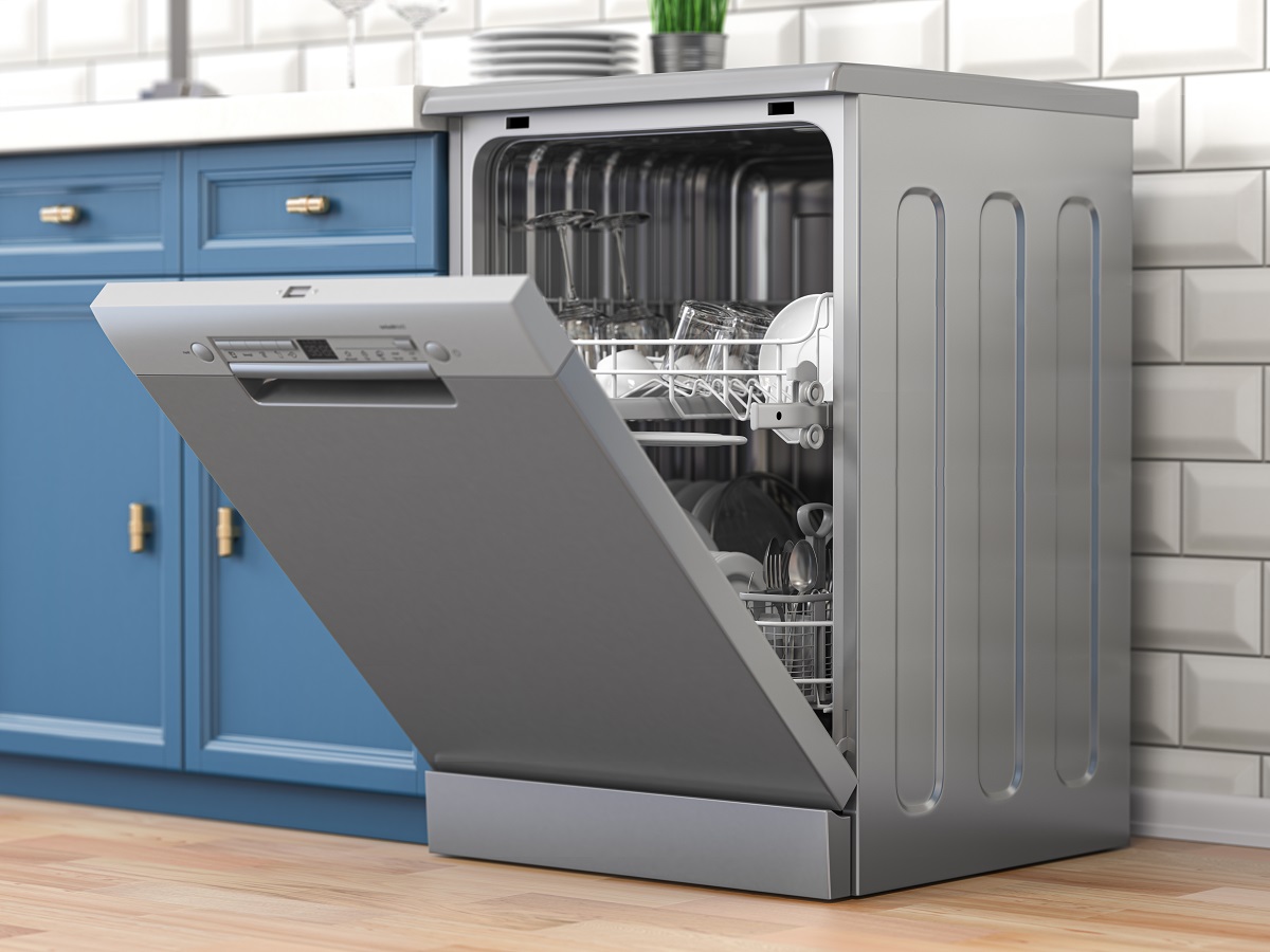 Open,Empty,Dishwasher,In,Kitchen.,3d,Illustration