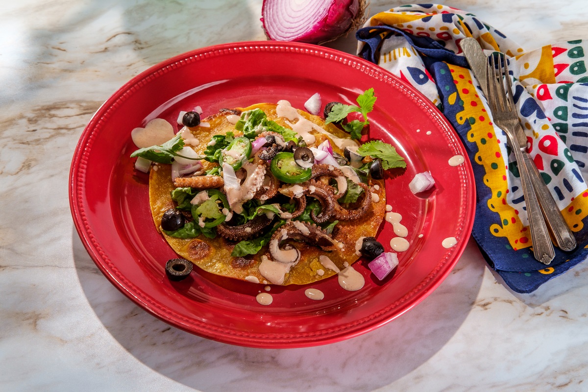 Mexican,Octopus,Tostada,Flat,Tacos,With,Orange,Chipotle,Sauce