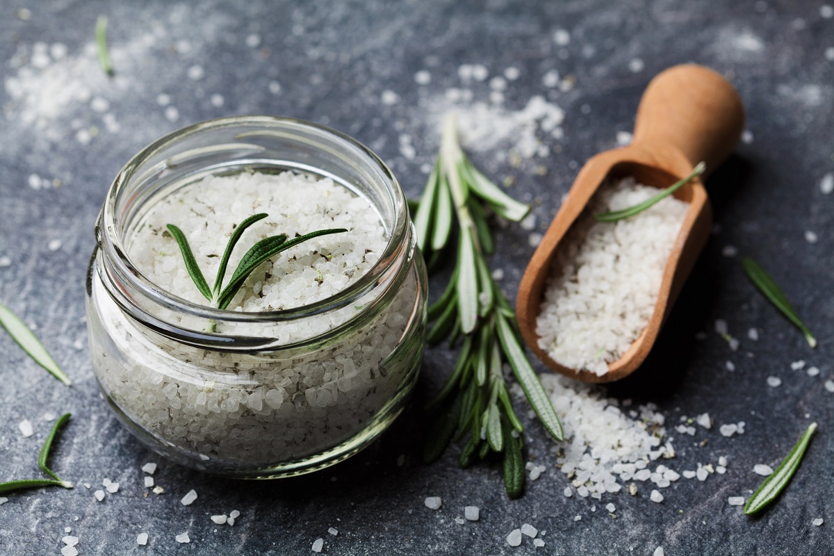 Sea,Salt,Scented,Herb,Rosemary,On,Black,Stone,Background,,Vintage