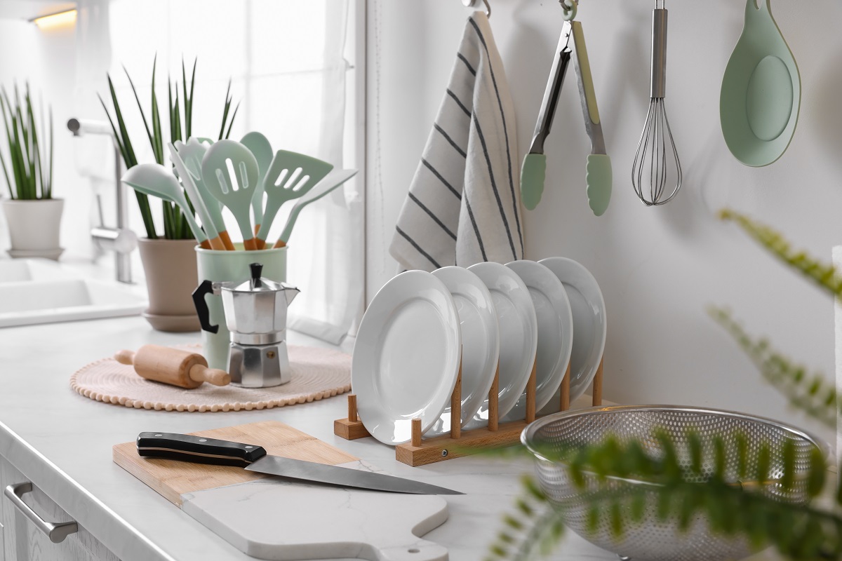 Set,Of,Different,Utensils,And,Dishes,On,Countertop,In,Kitchen