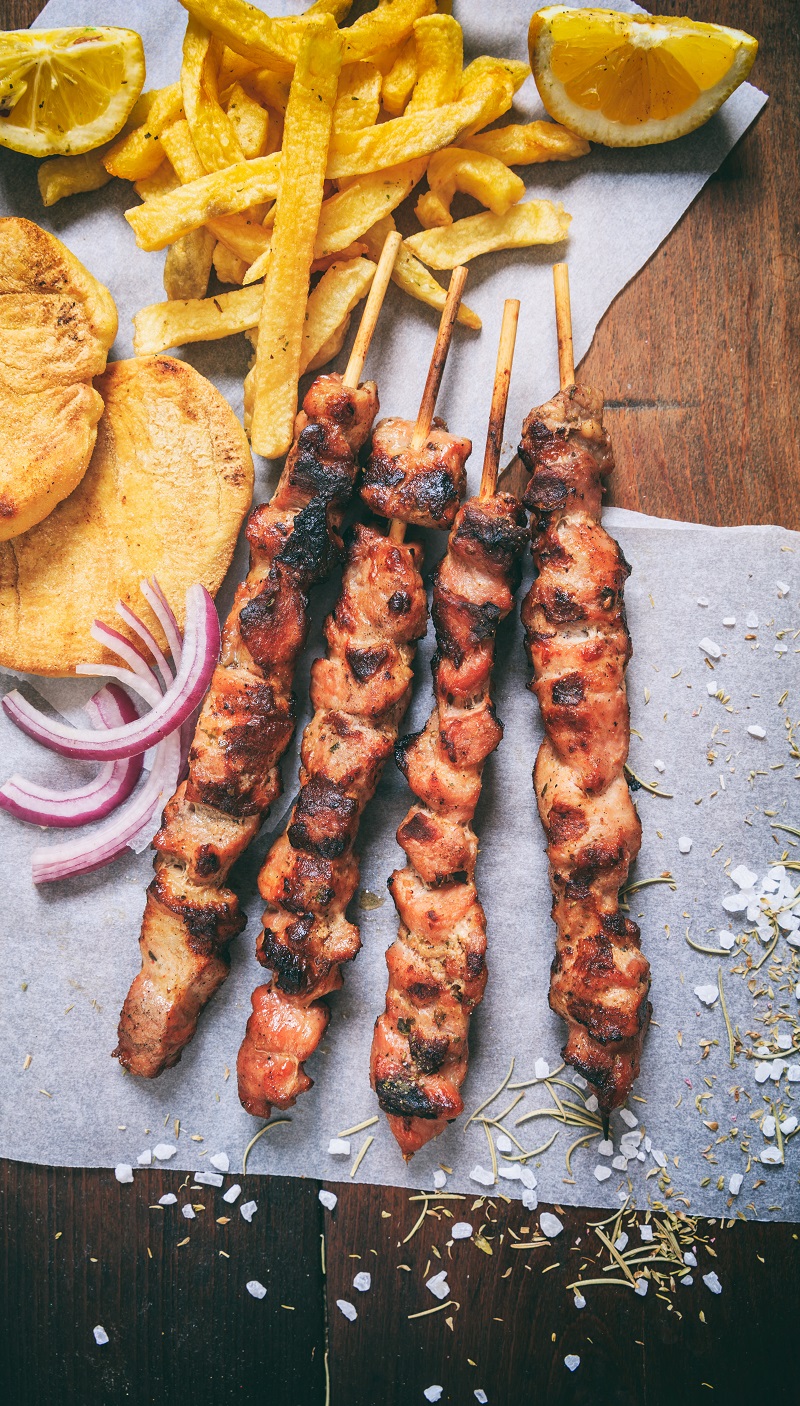 Grilled,Meat,Skewers,,Greek,Souvlaki,On,A,Wooden,Background,,Top