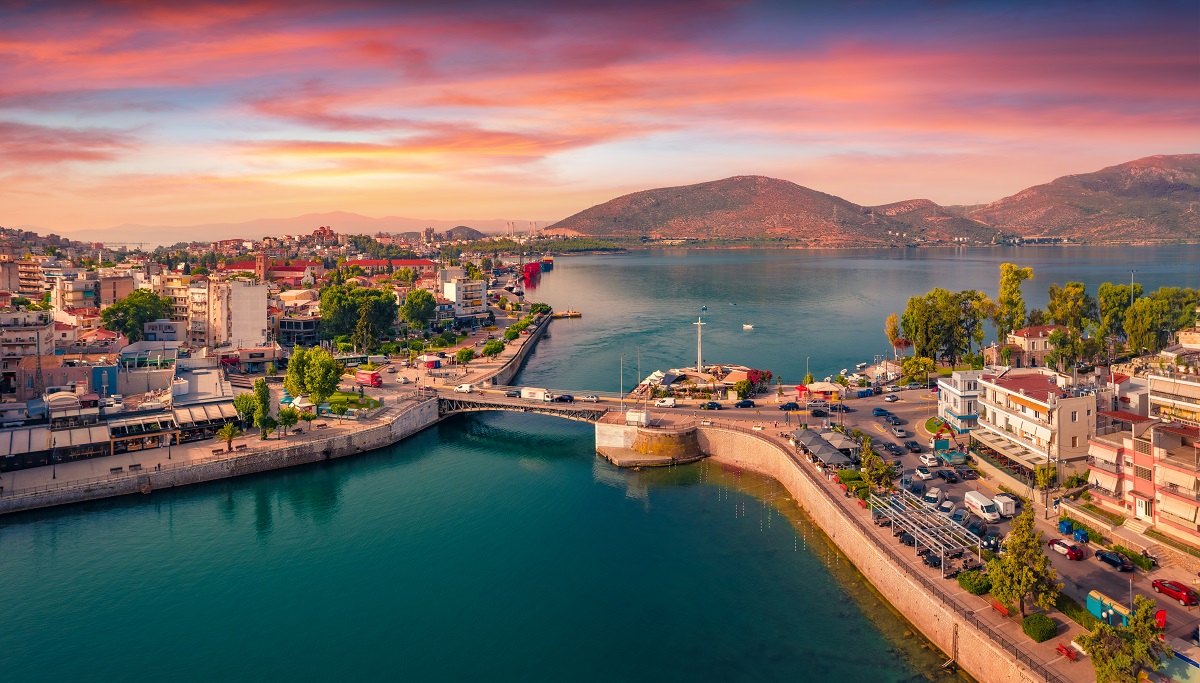 Splendid,Summer,View,From,Flying,Drone,Of,Chalcis,Town,With