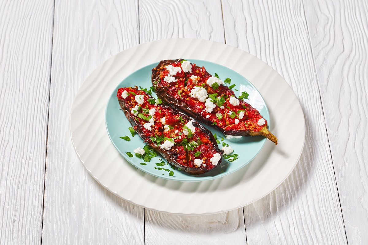 Imam,Bayildi,With,Crumbled,Feta,,Eggplants,Stuffed,With,Savory,Tomatoes,