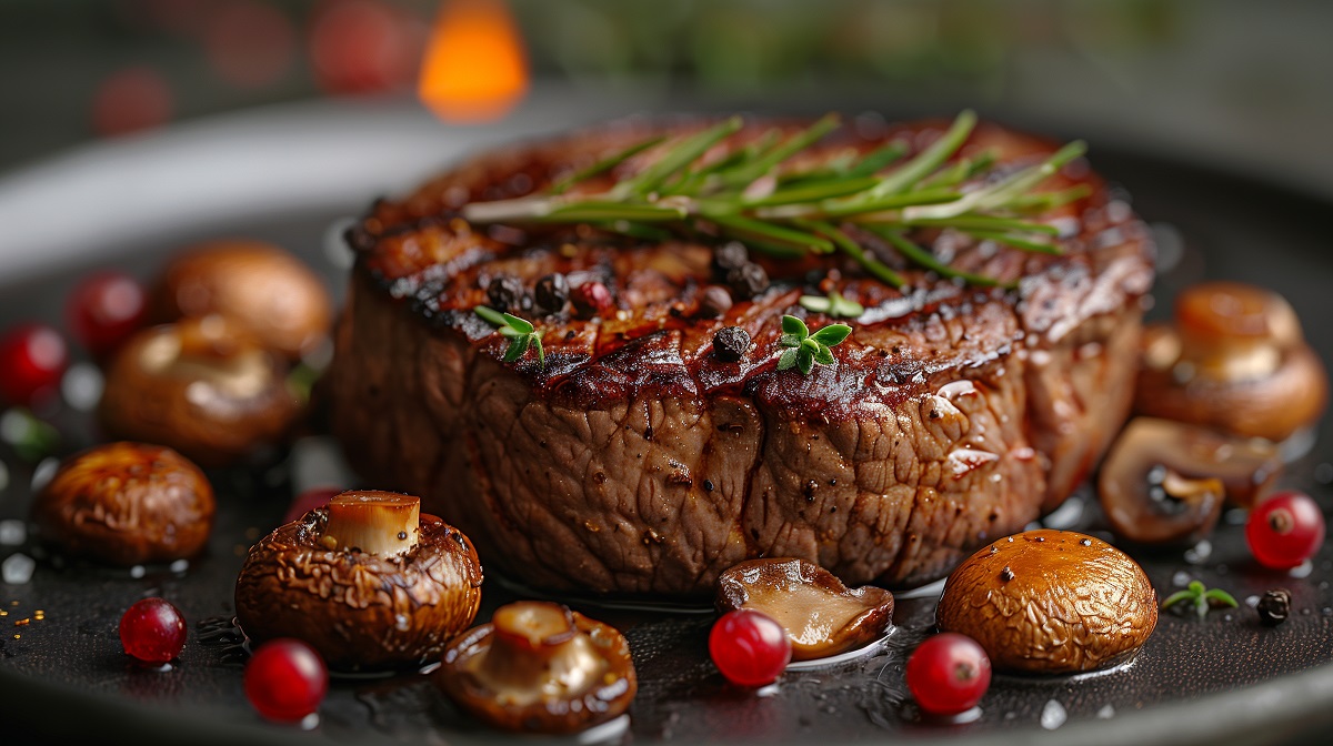 Grilled,Dry-aged,Venison,Steak,With,Roasted,Mushrooms