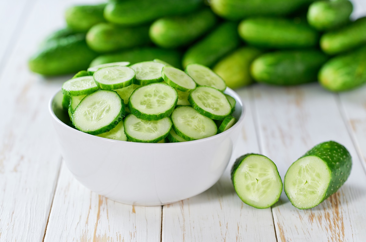 Organic,Cucumbers,Slices,In,A,Ceramic,Bowl,On,A,Light