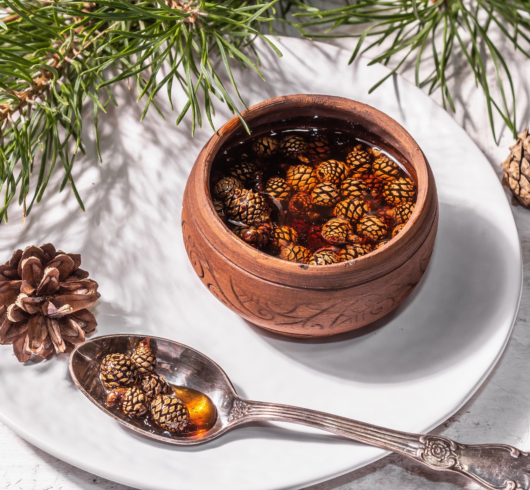 Sweet,Pine,Cone,Jam.,Traditional,Siberian,Dessert,,Fresh,Evergreen,Branches.