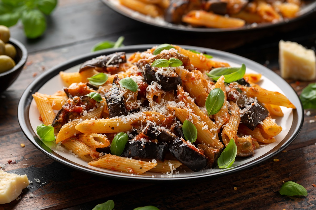 Pasta,Alla,Norma,With,Eggplant,Or,Aubergine,,Tomato,,Parmesan,And