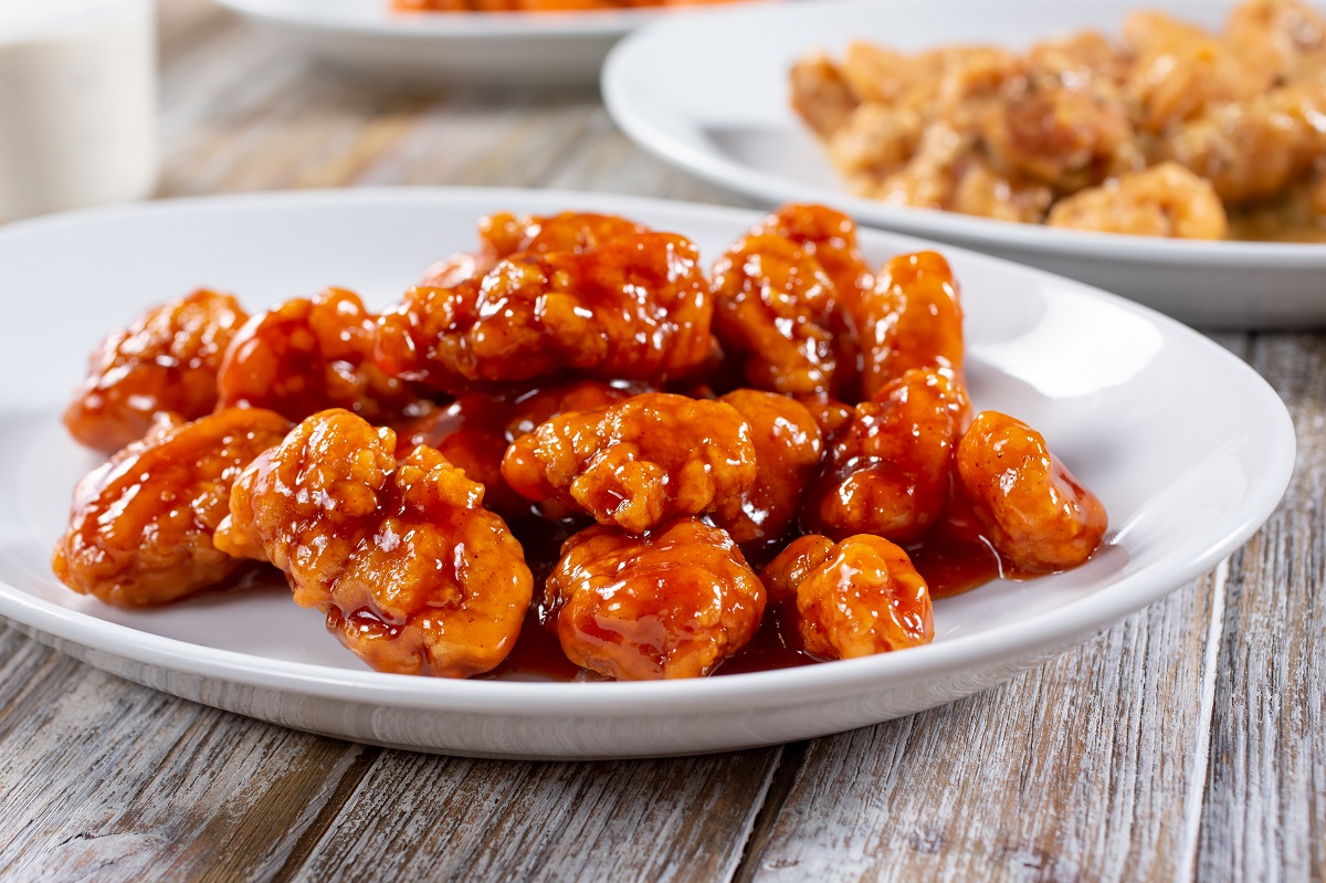 A,View,Of,A,Plate,Of,Sweet,Glazed,Boneless,Chicken