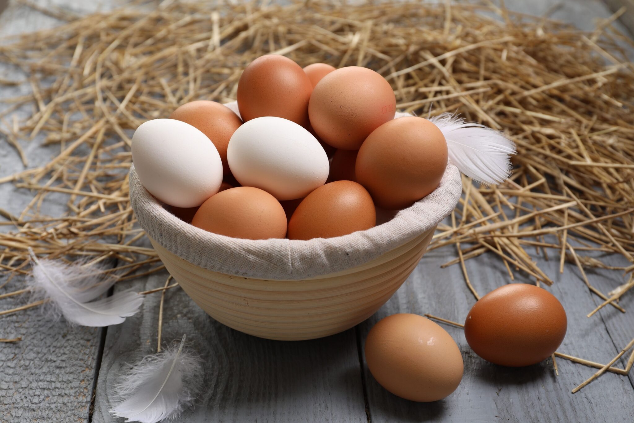 Fresh,Chicken,Eggs,In,Bowl,,Feathers,And,Dried,Straw,On