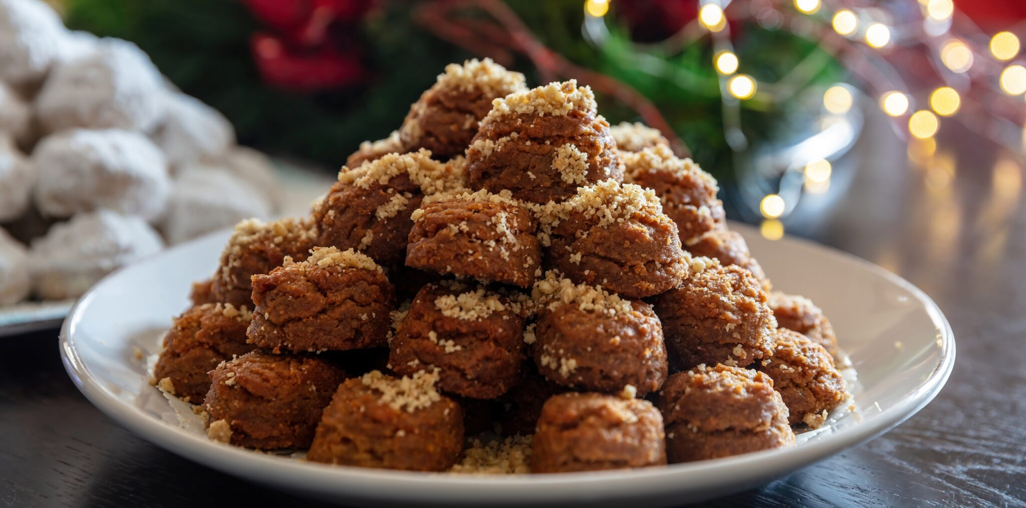 Christmas,Greek,Desserts.,Traditional,Homemade,Melomakarona,Plate,,Bokeh,Xmas,Lights