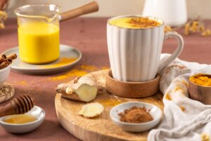 A,Warm,Golden,Milk,Latte,In,A,White,Ribbed,Mug