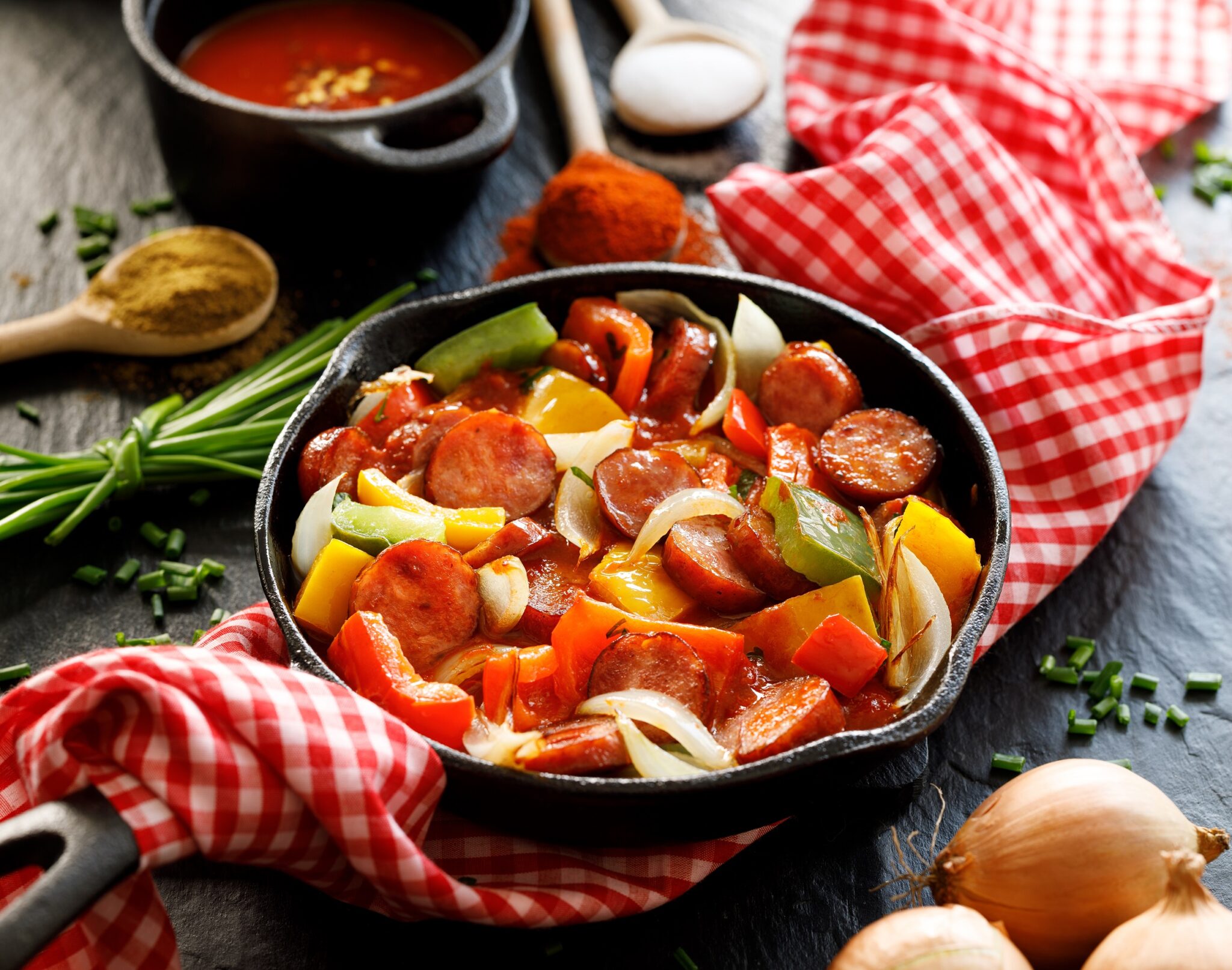 Stewed,Pepper,And,Sausage,With,Tomatoes,In,A,Cast,Iron