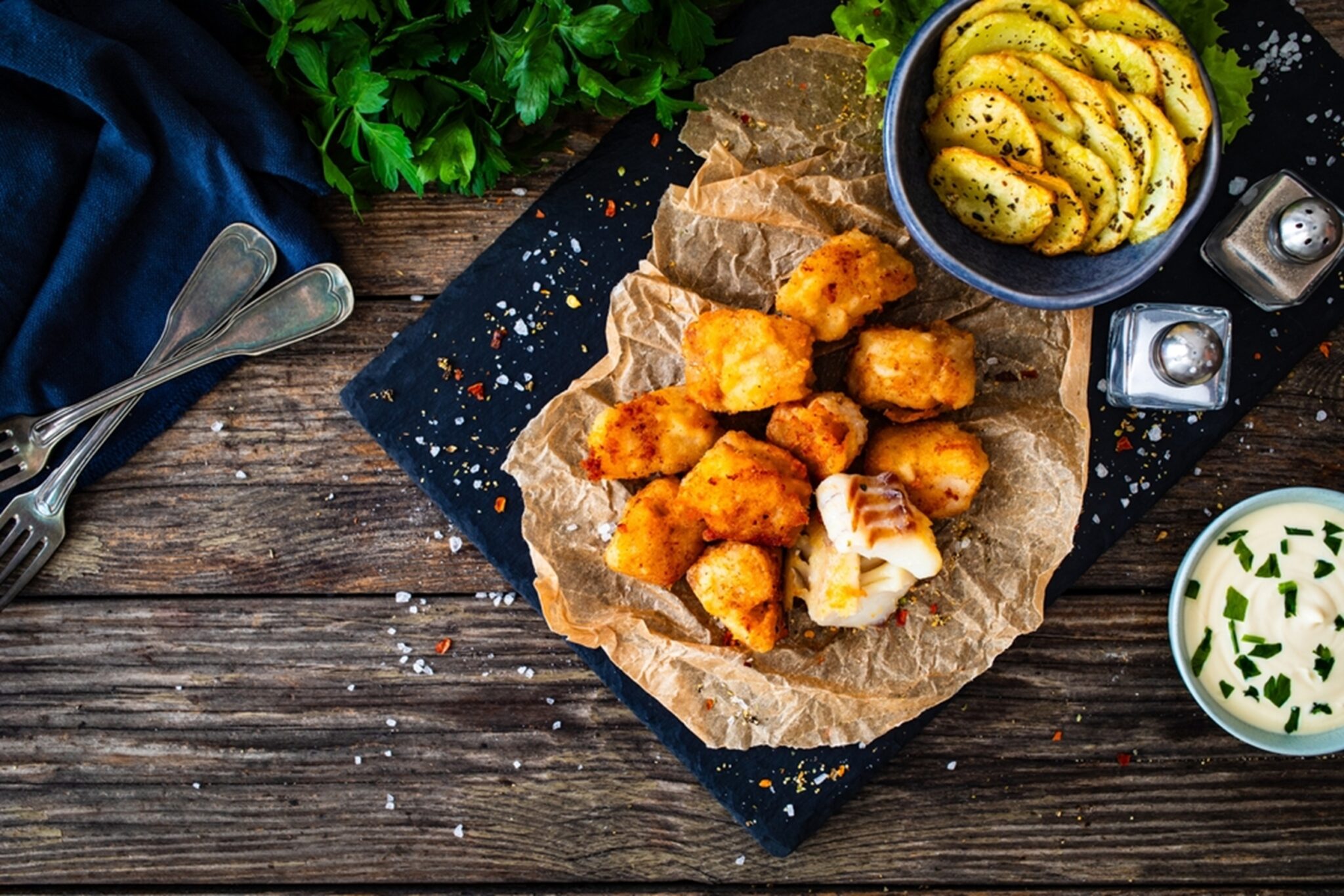 Bakaliaros,-,Seared,Cod,Fritters,With,Fried,Potatoes,And,Fresh