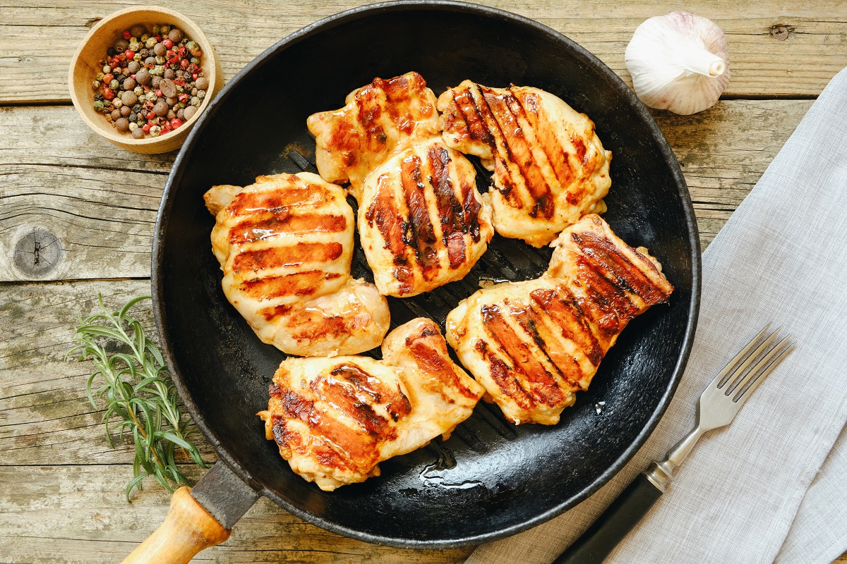 View,From,Above.,Grilled,Chicken,Thigh,Fillet,With,Strips,On