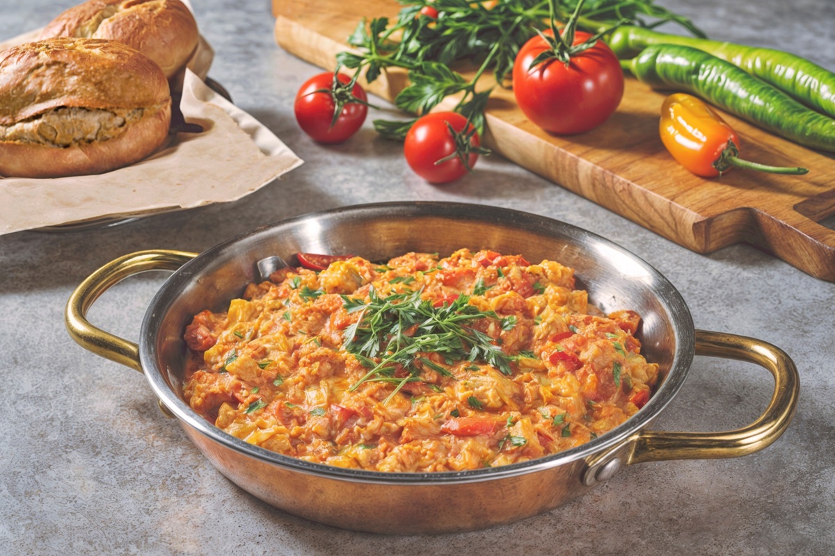 Traditional,Turkish,Menemen,Featuring,Scrambled,Eggs,With,Fresh,Tomatoes,And