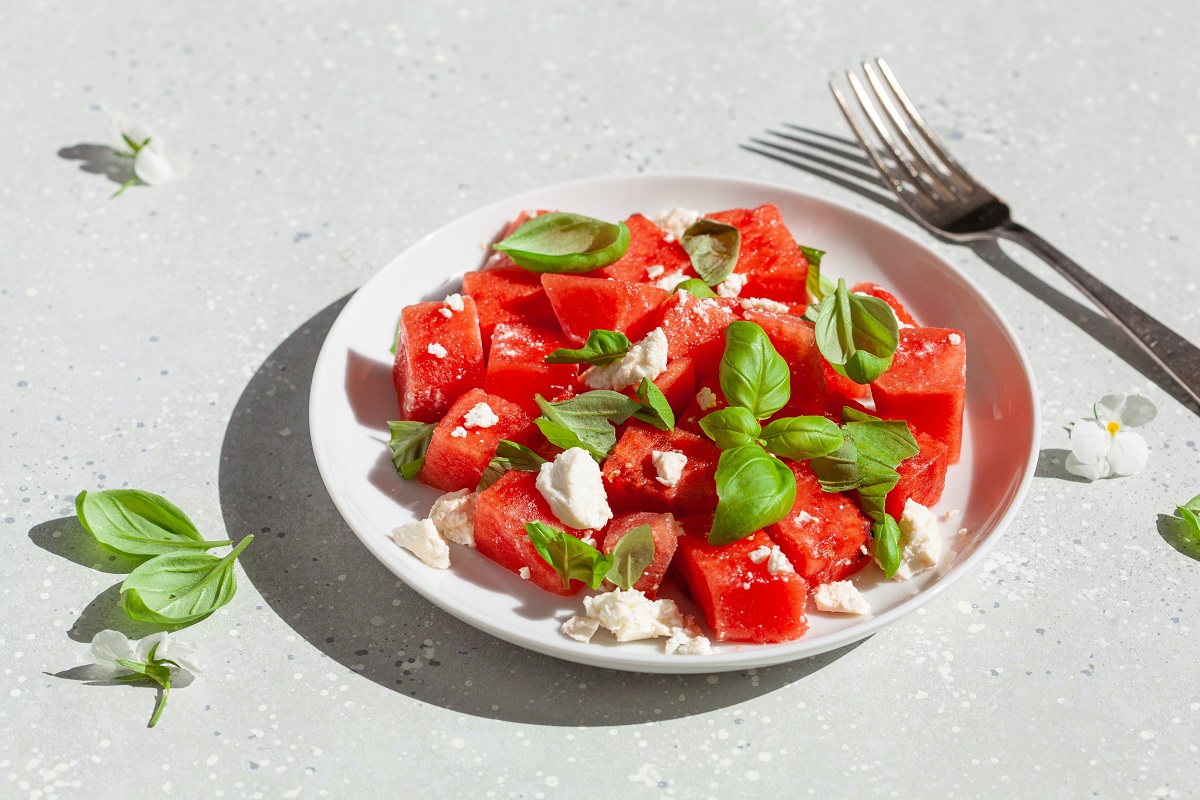 Watermelon,Salad,With,Feta,Cheese,And,Basil.,Healthy,Summer,Dessert