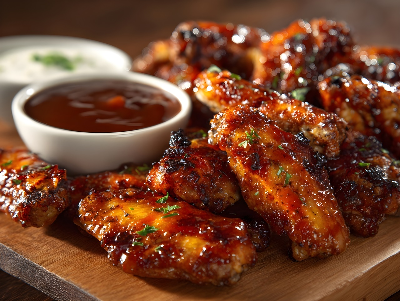 Glazed,Chicken,Wings,With,Herbs,Served,On,A,Wooden,Tray