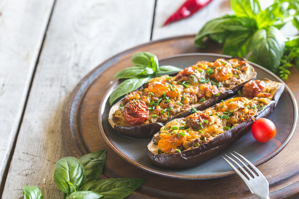 Baked,Eggplant.,Aubergine,Stuffed,With,Vegetables,And,Cheese