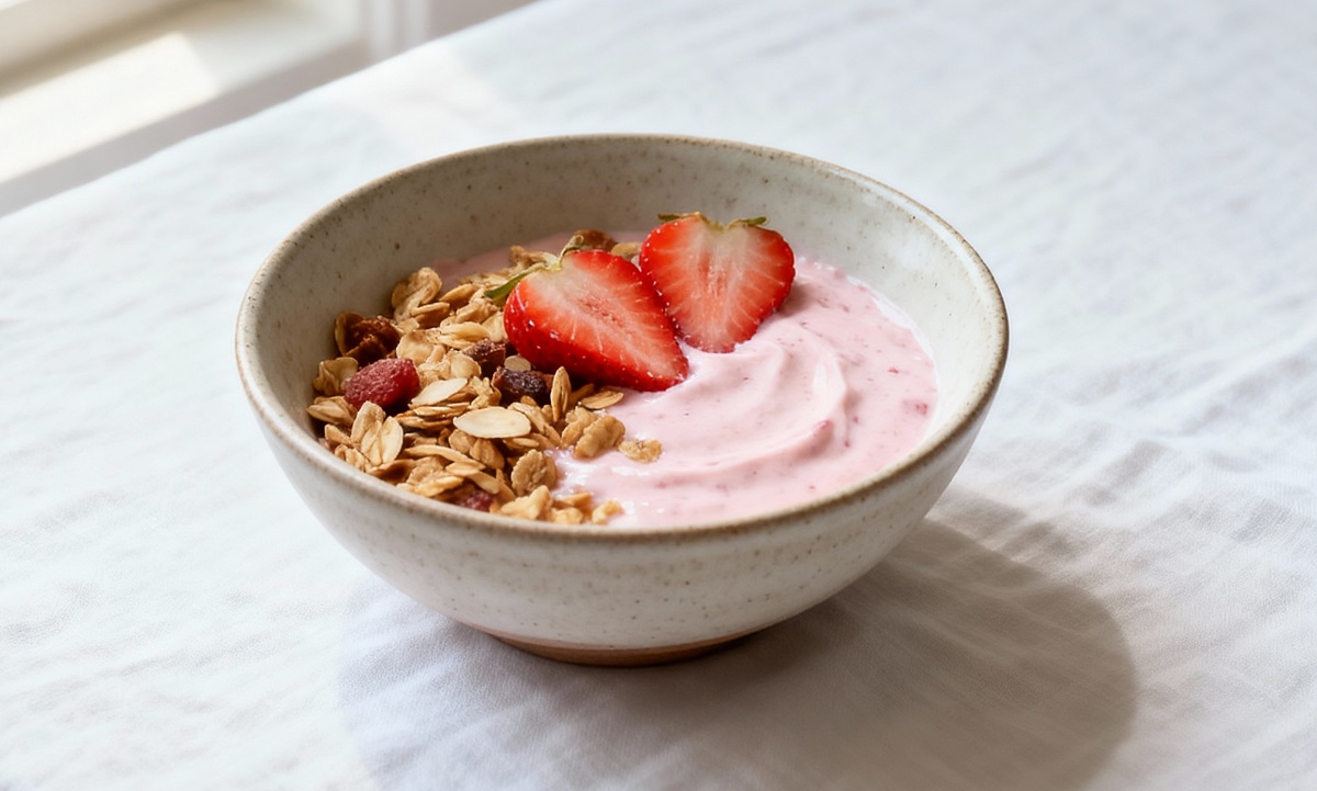 Ceramic,Bowl,Of,Strawberry,Yogurt,With,Granola