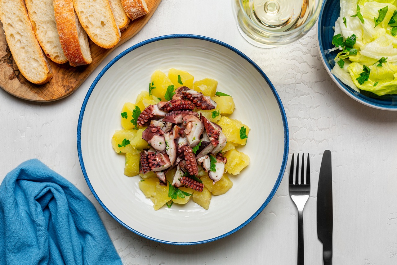 Seafood,Dinner.,Traditional,Italian,Octopus,And,Potato,Salad.,Insalata,Di