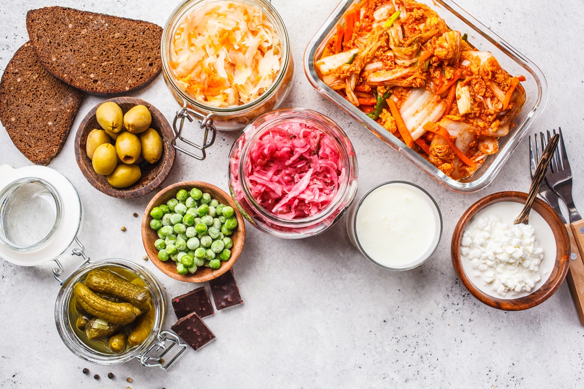 Probiotics,Food,Background.,Kimchi,,Beet,Sauerkraut,,Sauerkraut,,Cottage,Cheese,,Olives,