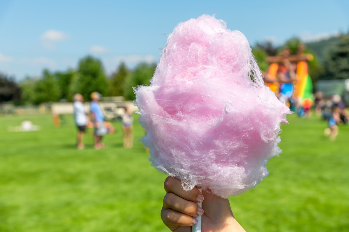 A,Hand,Holding,Pink,Cotton,Candy,At,An,Outdoor,Park