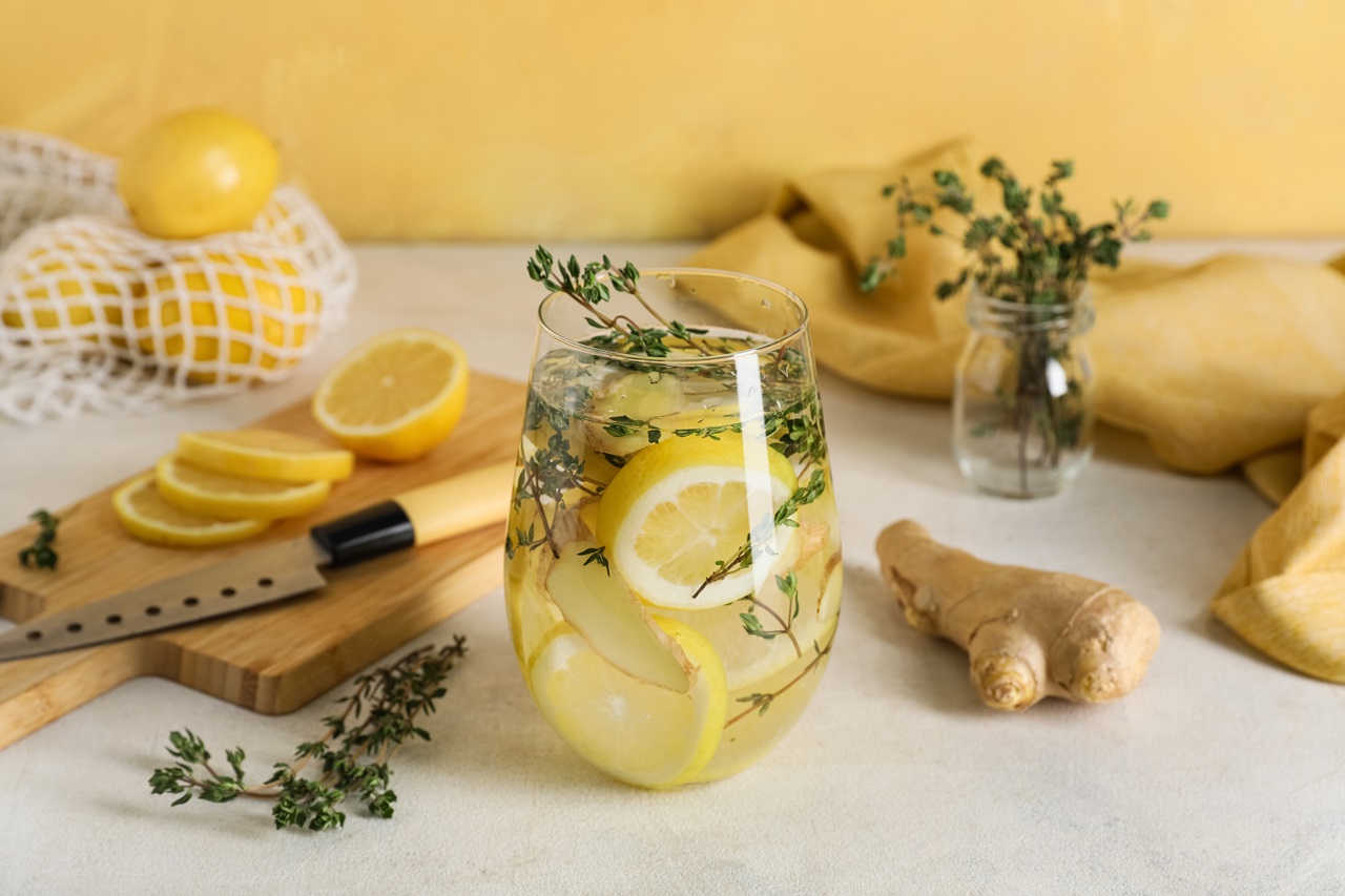 Glass,Of,Infused,Water,With,Thyme,,Ginger,And,Lemon,Slices